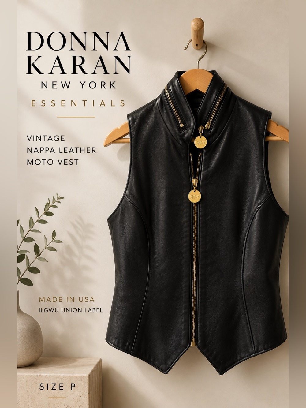 Donna Karan New York Essentials Vintage Nappa Leather Moto Vest Black Size P